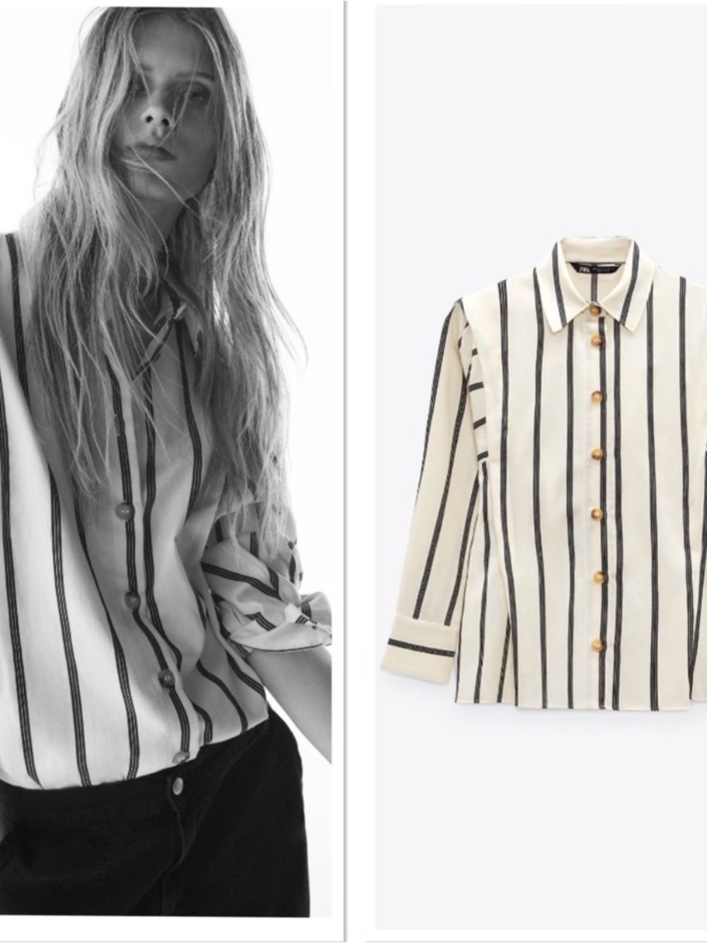 Zara Women’s Cream & Black Vertical Stripe Button-Up Shirt